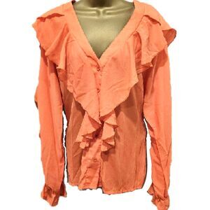 Statement V Neck Orange Blouse Womens Lge Office Siren Maximalist Ruffle